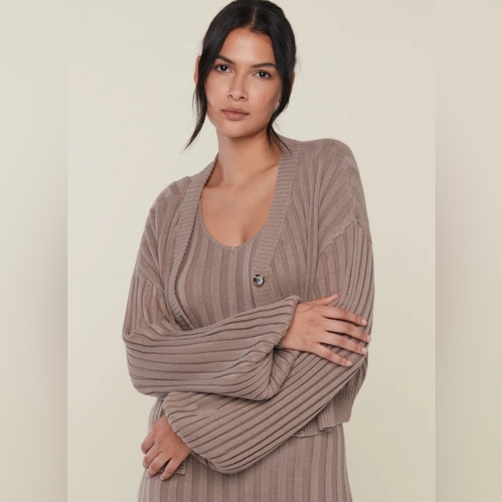 RACHEL PARCELL Ribbed Knit Cardigan Sweater Taupe‎ XS
